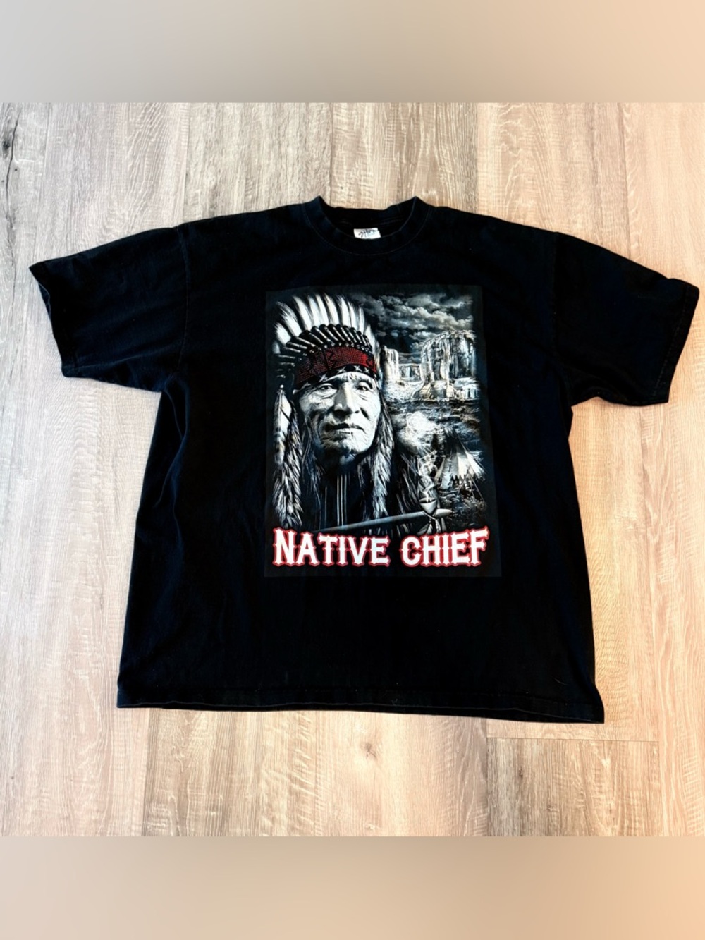 Rare Vintage Shaka Wear Native Chief Graphic T-Shirt Black Men's 3XL Heavyweight